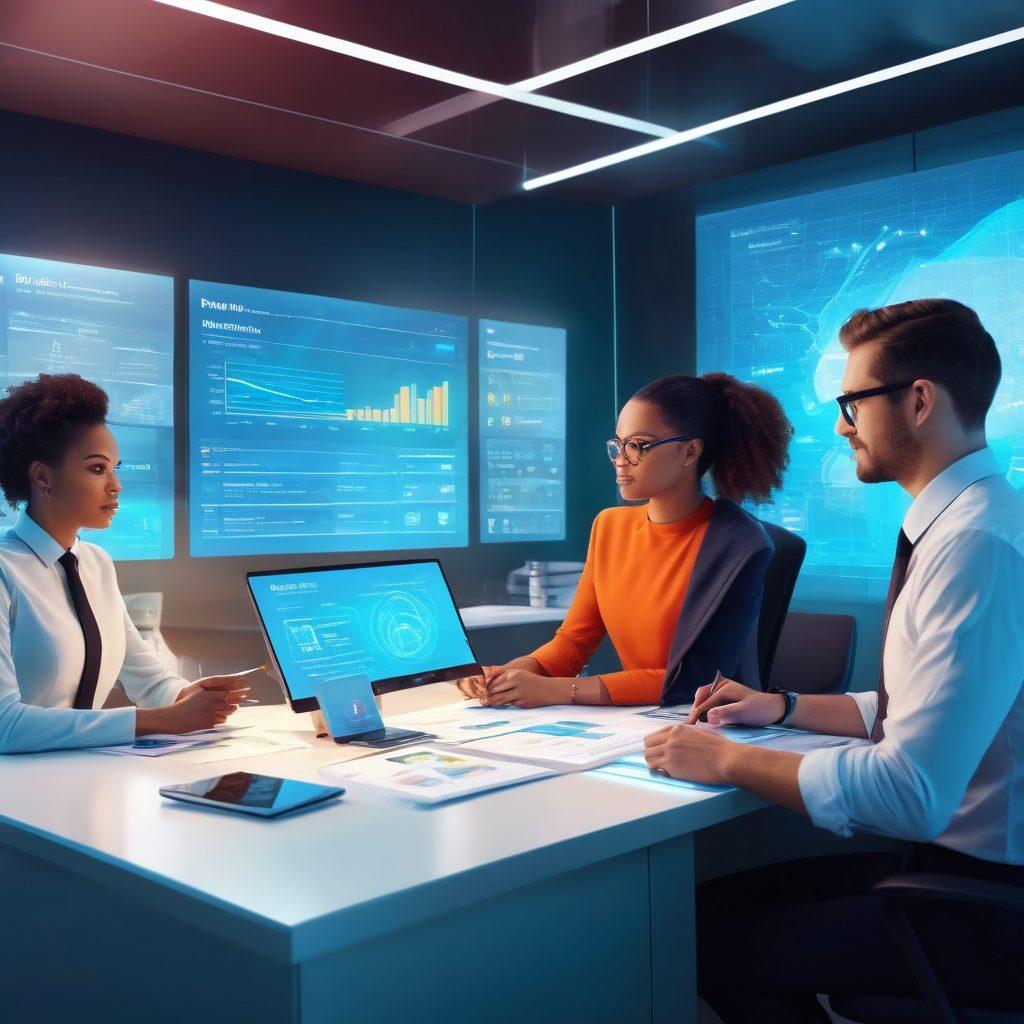 A futuristic office scene featuring a diverse group of professionals discussing invoice management over digital screens displaying graphs and secure payment icons. Include holographic elements showcasing innovative payment solutions, a clean and organized workspace, and a bright atmosphere suggesting progress and collaboration. super-realistic. vibrant colors. digital art.