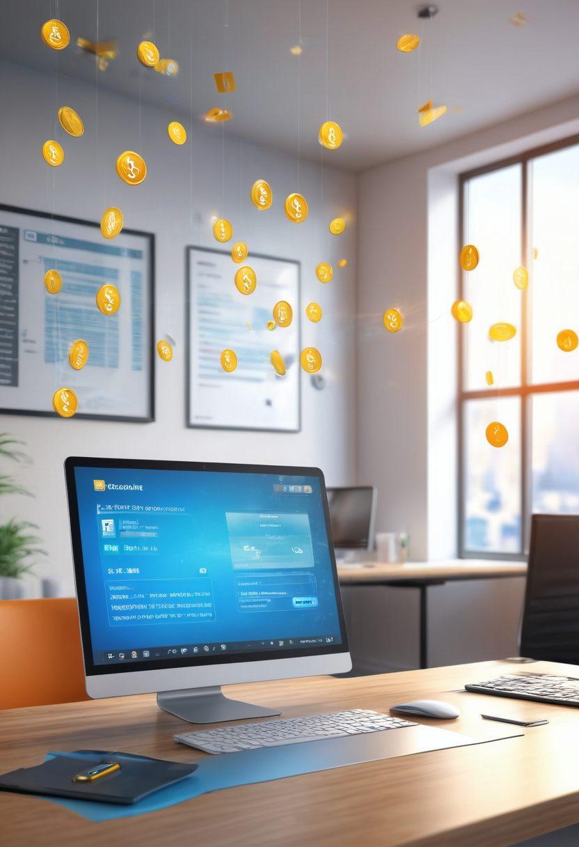 A sleek, modern office environment featuring a laptop screen displaying automated billing software, surrounded by digital currency symbols floating in the air. Include a confident individual reviewing the screen with a satisfied smile, and a secure lock symbol in the background emphasizing safety. Bright, professional colors to evoke a sense of organization and efficiency. super-realistic. vibrant colors. 3D.